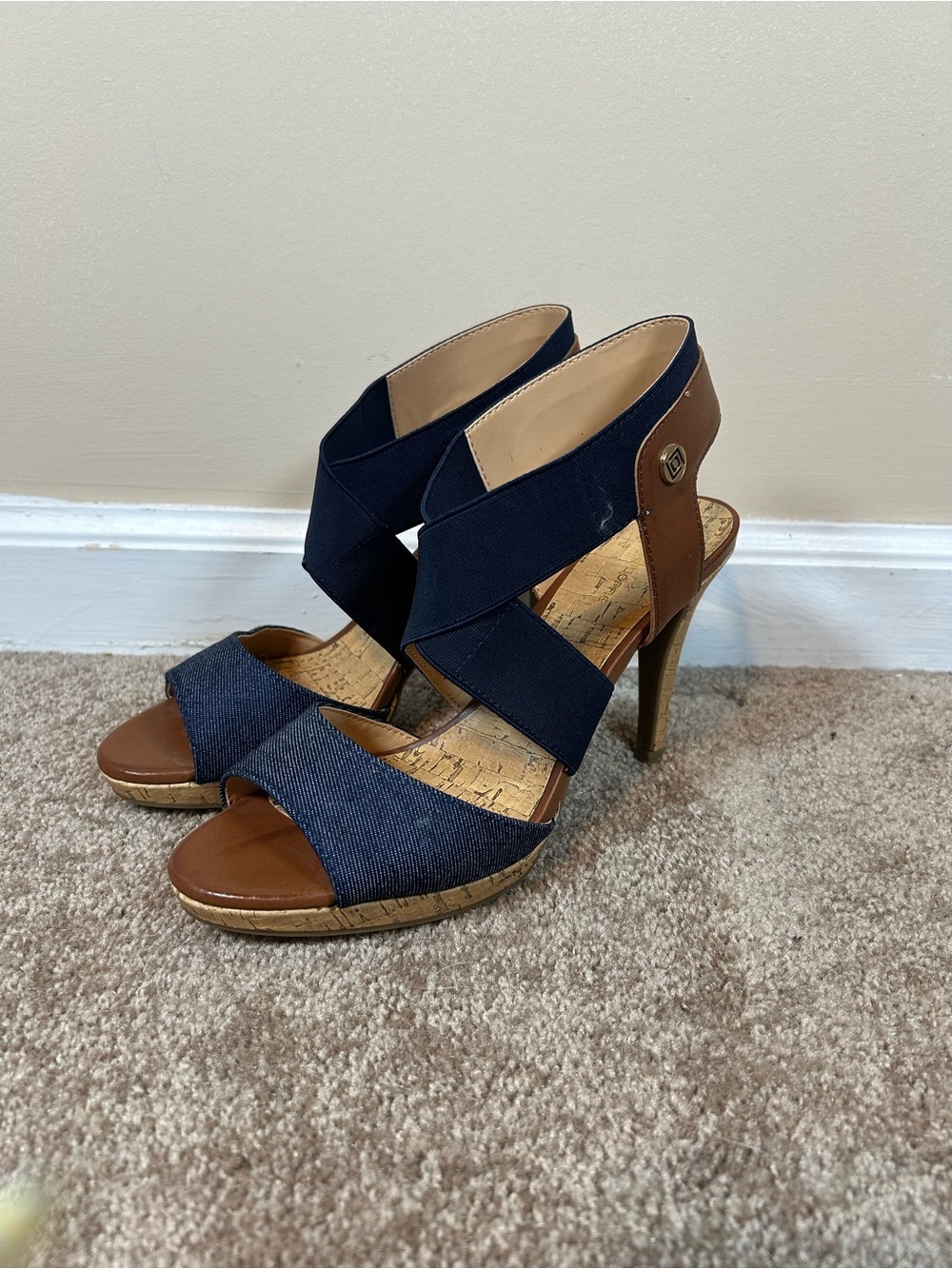 Liz Claiborne Navy and Brown Strappy High Heel Sandals